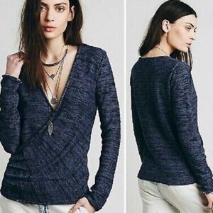 Free People Gotham Plunging V-Neck Blue Space Dye Long Sleeve Sweater Sz S
